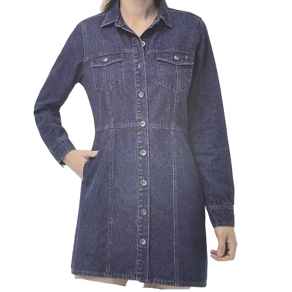Frye Denim Shirt Dress Women’s Size L Long Sleeve Dark Wash Western Cowgirl NWT